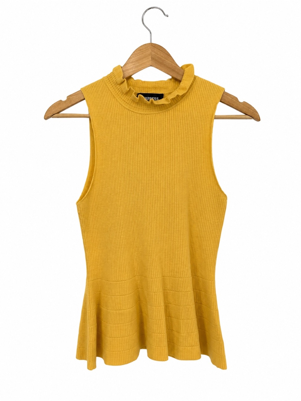 Express Mustard Yellow Ribbed Ruffle Neck Peplum Sweater Tank Women's Medium